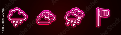 Set line Cloud with rain, Sun and cloud weather, and Cone windsock wind vane. Glowing neon icon. Vector