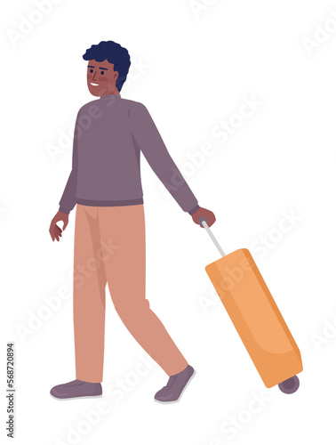 Male passenger with valise going on plane semi flat color vector character. Editable figure. Full body person on white. Simple cartoon style illustration for web graphic design and animation