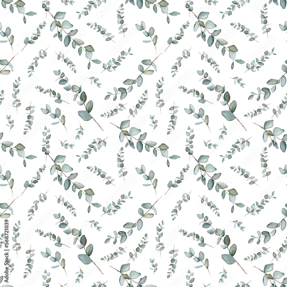 Pattern with green eucalyptus leaves. Botanical natural. Watercolor isolated illustration on white background. Seamless pattern, an illustration for postcards, posters, textile design and other.