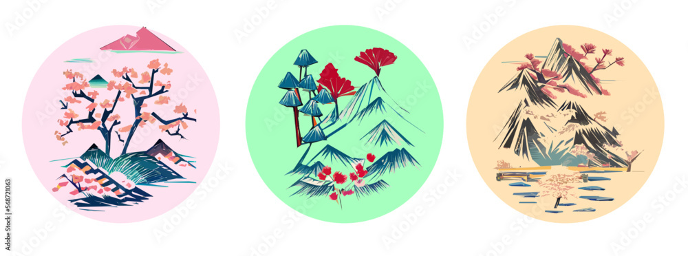 Japanese traditional landscape with mountains and cherry blossoms in a circle. Vector illustration.