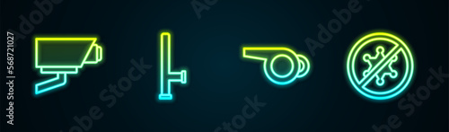 Set line Security camera, Police rubber baton, Whistle and Protest. Glowing neon icon. Vector