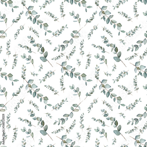Pattern with green eucalyptus leaves. Botanical natural. Watercolor isolated illustration on white background. Seamless pattern  an illustration for postcards  posters  textile design and other.