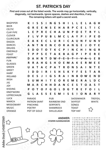 St. Patrick's Day holiday themed word search puzzle (English language). Black and white. Answer included.
