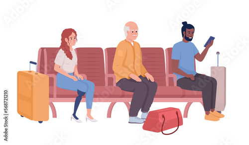 Passengers sitting in waiting place semi flat color vector characters. Editable figures. Full body people on white. Simple cartoon style illustration for web graphic design and animation