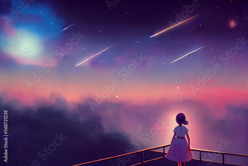 Illustration of a silhouette of a woman observing the city and the starry sky at night from her terrace. Feminism represented by the color violet. space for text