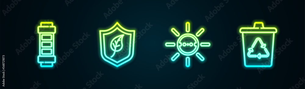 Set line Battery, Shield with leaf, Solar energy panel and Recycle bin recycle. Glowing neon icon. Vector Set line Battery, Shield with leaf, Solar energy panel and Recycle bin recycle. Glowing neon icon. Vector