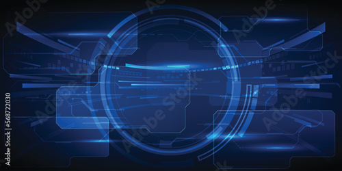 Vector illustration of orbit glowing blue with hi-tech HUD and particle forward motion represent to speed of digital data in communication innovation technology of the future.
