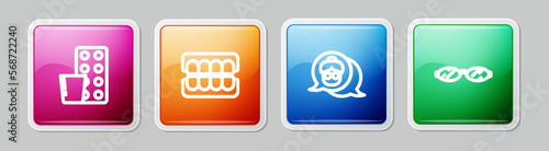 Set line Pills in blister pack, False jaw, Grandmother and Eyeglasses. Colorful square button. Vector