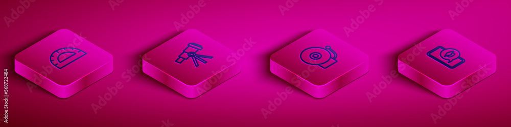 Set Isometric line Protractor grid, Telescope, Ringing alarm bell and Graduation cap on mobile icon. Vector Set Isometric line Protractor grid, Telescope, Ringing alarm bell and Graduation cap on mobile icon. Vector