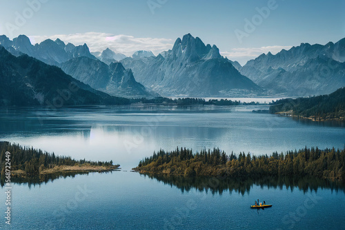 People in Kayak enjoying beautiful blue lake with mountains in background. feeling of peace and tranquility. space for text