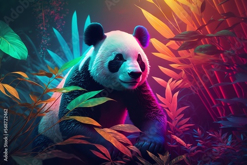 Panda in the forest wearing neon lighting clothing, Generative Ai.
