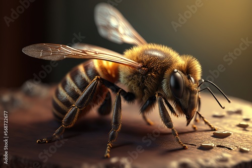 A bee sitting on top of a piece of honey. Generative Ai art. Closeup view © Ara Hovhannisyan