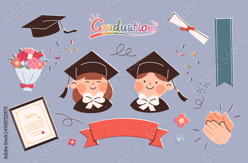 Cute Graduation Elements Icon Set. Graduation ceremony concept illustration including bachelor cap, graduation gown, diploma and bouquet.