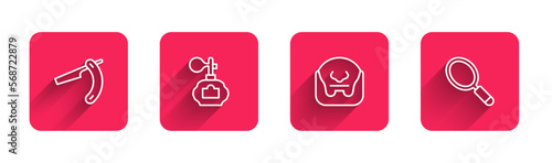 Set line Straight razor, Aftershave, Mustache and beard and Hand mirror with long shadow. Red square button. Vector