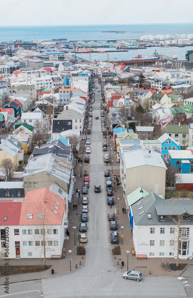 View of colorful rooftops from Hallgrímskirkja in Reykjavik