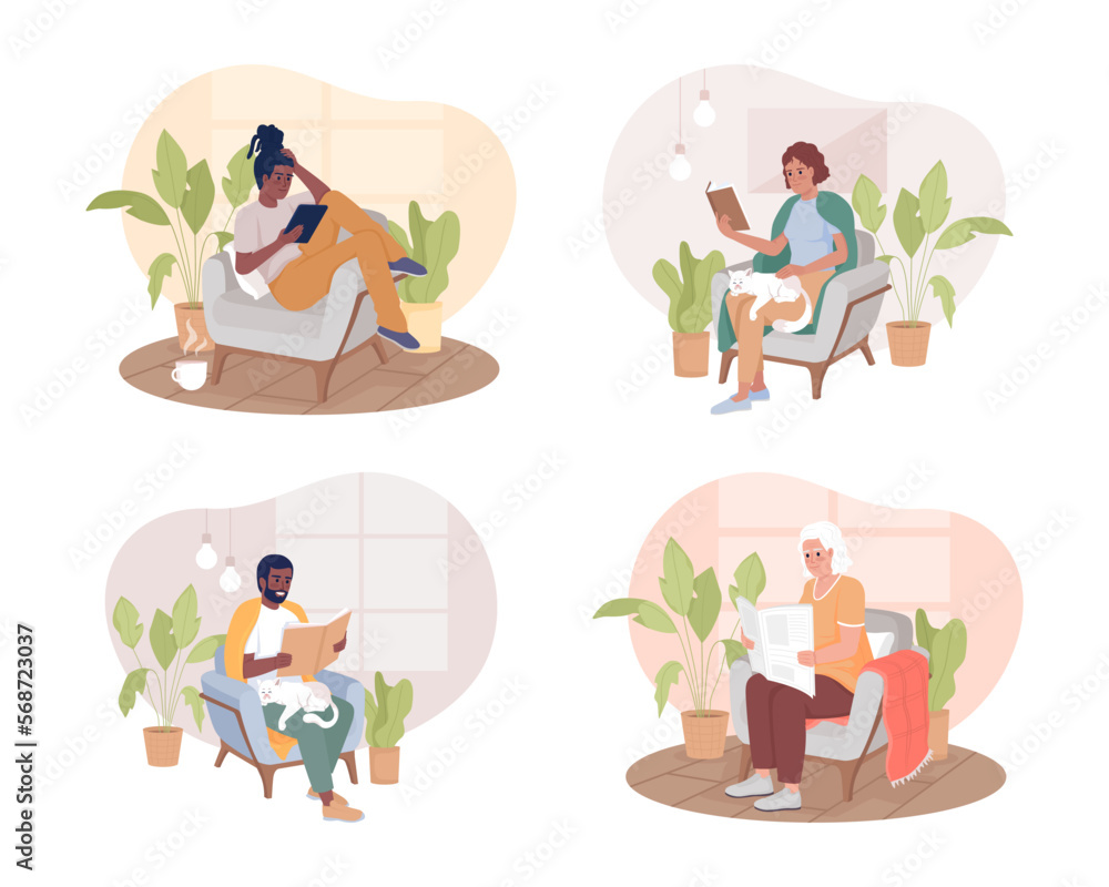 Reading in armchair with houseplants around 2D vector isolated illustrations set. Comfortable flat characters on cartoon background. Colorful editable scene pack for mobile, website, presentation Reading in armchair with houseplants around 2D vector isolated illustrations set. Comfortable flat characters on cartoon background. Colorful editable scene pack for mobile, website, presentation
