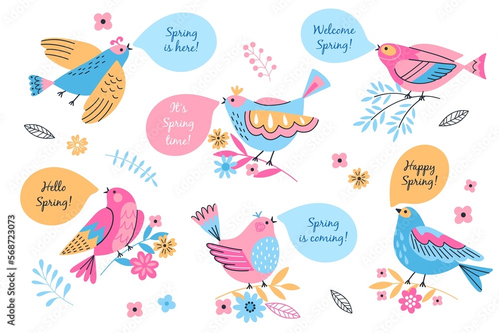 Little funny birds and floral spring elements. Decorative flowers and cute sparrows with speech bubbles, spring pozitive texts, vector set