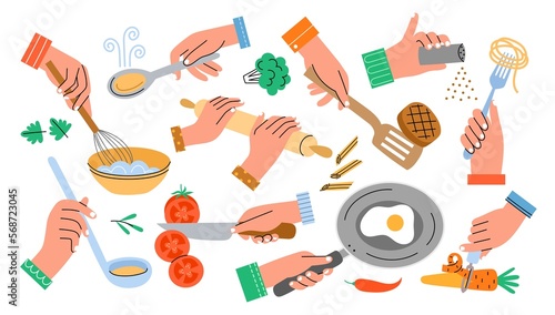 Human hands with kitchen accessories. Cooking process, food preparing, fried eggs in pan, whisk whites with whisk in bowl, vector set © Vectorcreator