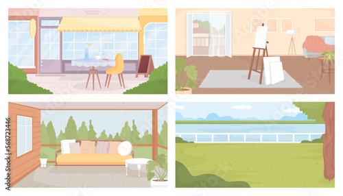 Cozy places to hang out flat color vector illustrations pack. Relaxing spots. Fully editable 2D simple cartoon interior, landscape, cityscape with living room, cafe exterior and park on background