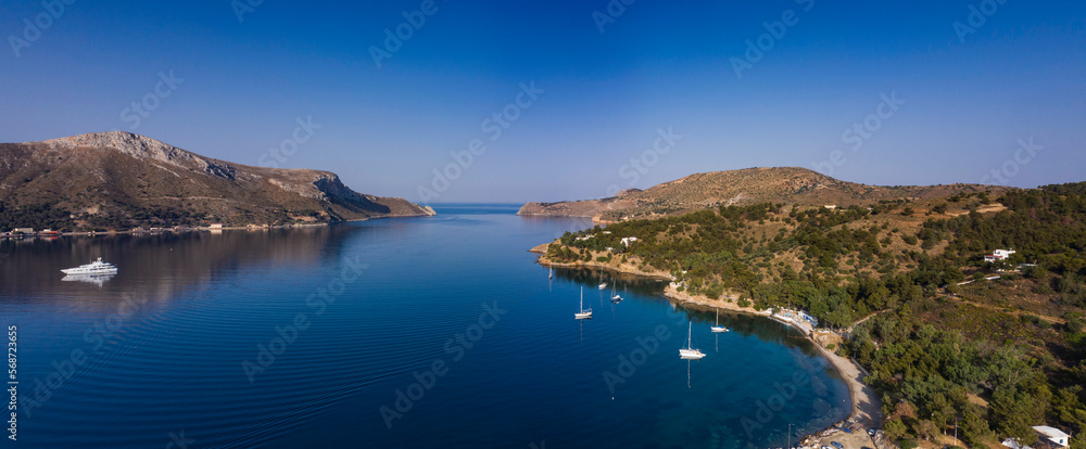 Obraz premium Drone morning view of the harbour of Leros in Greece