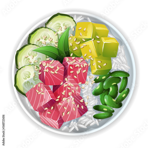 Realistic illustrations with Poke bowl with tuna, mango, cucumber, and beans. Hawaiian restaurant menu design. Top view