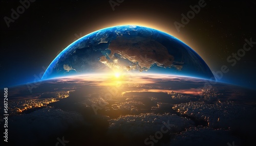 Planet Earth and blue sunrise from space. Generative Ai.