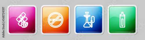 Set line Medical nicotine patches, No smoking, Hookah and Electronic cigarette. Colorful square button. Vector