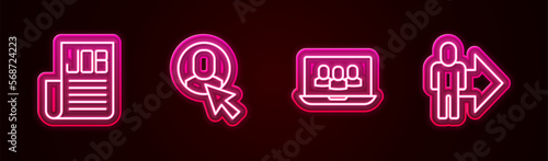 Set line Search job, Worker, Project team base and Leader of of executives. Glowing neon icon. Vector