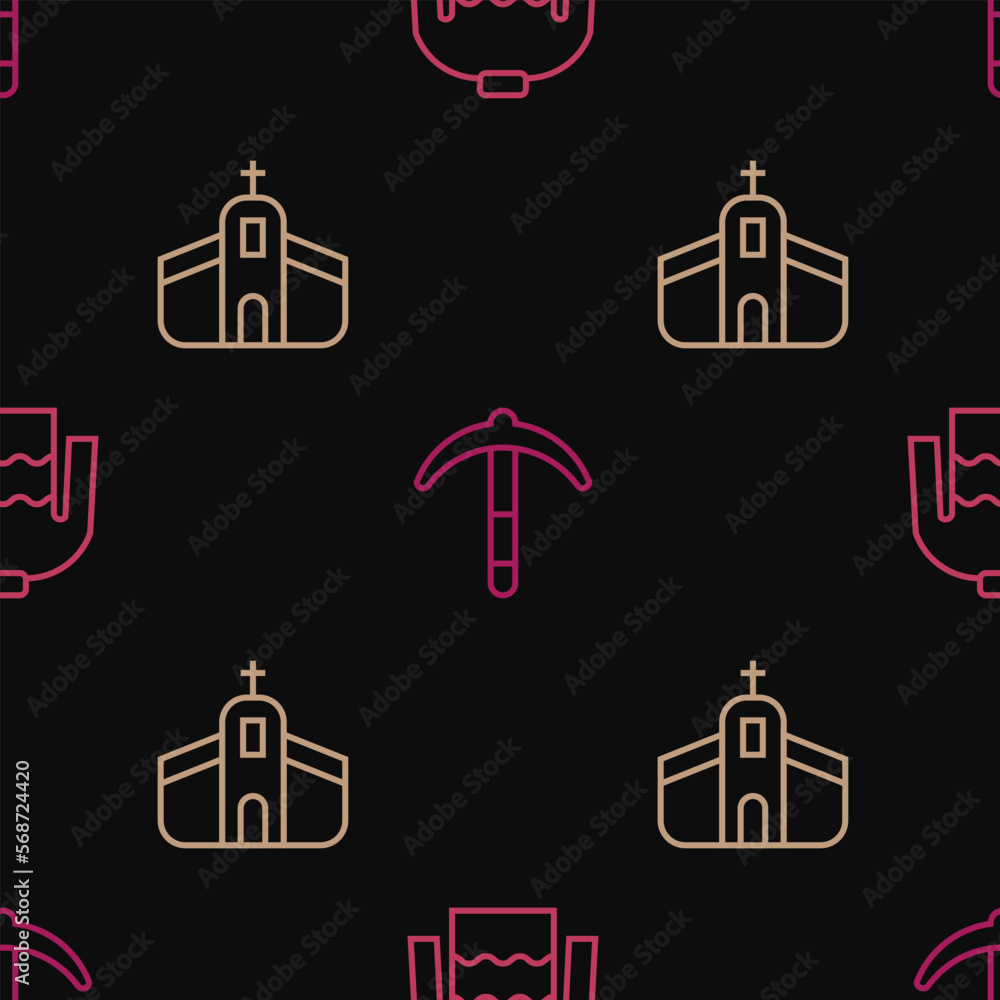 Set line Sweater, Church building and Pickaxe on seamless pattern. Vector