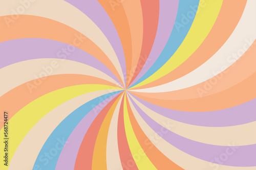 Groovy retro swirl sunburst with rays or stripes in the center retro 60s 70s. Summer sunshine and carnival background. Pastel color.