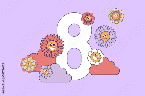 Seventies retro Flower Power background with hippie flowers. International Womens day. 8th March Day. Mothers day. Colorful pastel illustration in 70s 60s vintage style.