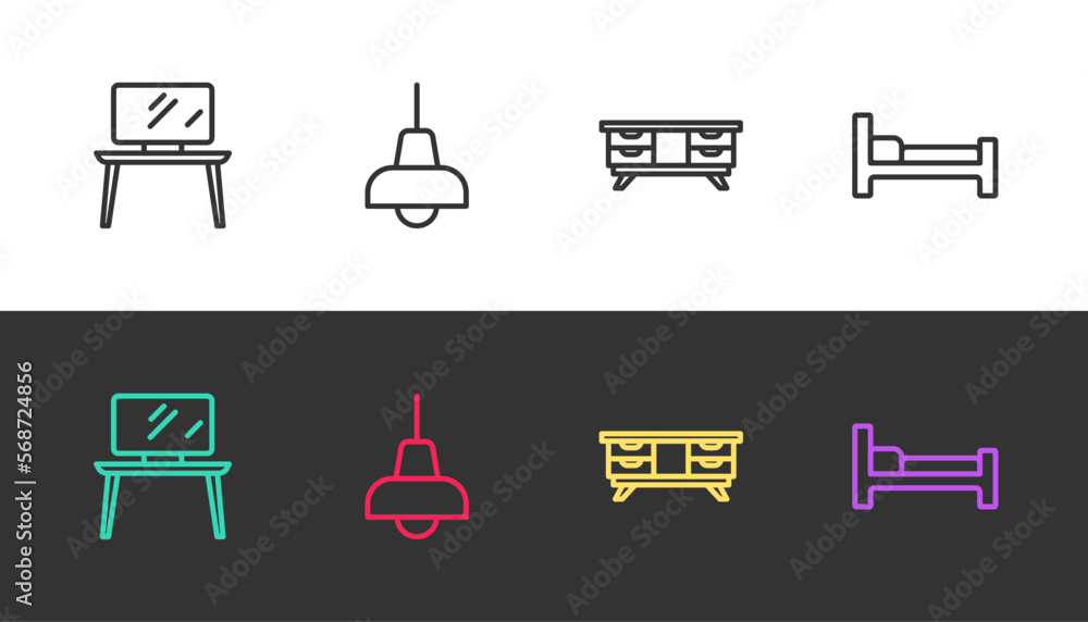 Set line TV table stand, Lamp hanging, and Bed on black and white. Vector Set line TV table stand, Lamp hanging, and Bed on black and white. Vector