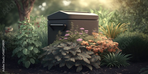 A compost bin in a garden with lots of flowers that signals sustainable gardening , generative ai