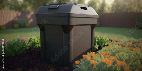 A compost bin in a garden, symbolizing sustainable waste management and soil health, generative ai