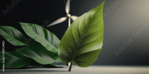 A green leaf with a wind turbine spinning behind it - perfect green energy concept, generative ai