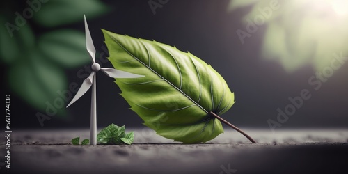 A green leaf beside a wind turbine, symbolizing the integration of nature and clean energy production, generative ai