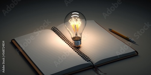 A light bulb illuminating a notebook, symbolizing a brilliant idea in the field of journalism or media, generative ai