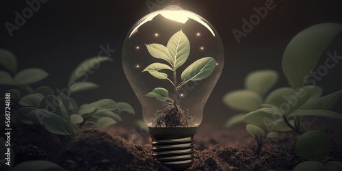 Light bulb in soil with plants idea that illustrates a green future and ecology friendly ideas, generative ai
