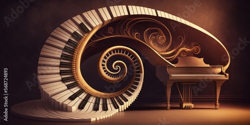 A grand spinning piano, symbolizing a creative solution in the field of music, generative ai
