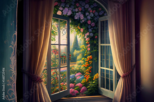 A view from a window with curtains  overlooking a small garden  generative ai. The soft hues and intricate details create a peaceful and calm atmosphere