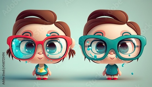 Nerd children wearing big glasses on color background. Generative AI