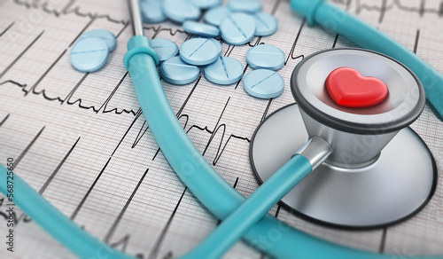 Heart health concept with pills and stethocope on ecg documents. 3D illustration photo