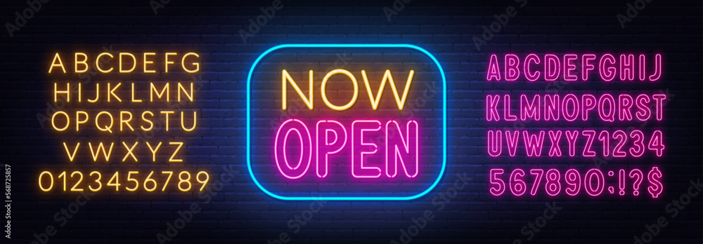 Now Open neon sign in frame on brick wall background. Stock Vector