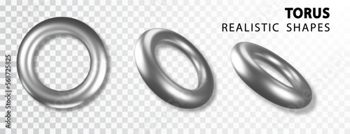 Geometric element in shape of silver 3d torus. Round realistick ring tor set isolated.