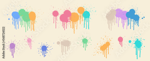 Graffiti effect stains. Grunge paint splatter with drops. Ink splash. Graffiti paint dripping. Dirty spot. Grunge splatter set. 2000s graffiti trend. Y2k, 90s and 2000s.