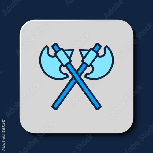 Filled outline Crossed medieval axes icon isolated on blue background. Battle axe, executioner axe. Medieval weapon. Vector