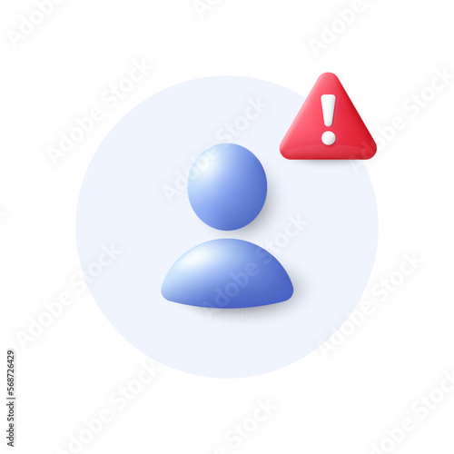 Avatar placeholder with attention alert 3d icon. Business communication headshot. Profile avatar with danger sign. Neutral gender user. Profile portrait. Warning button with avatar headshot. Vector
