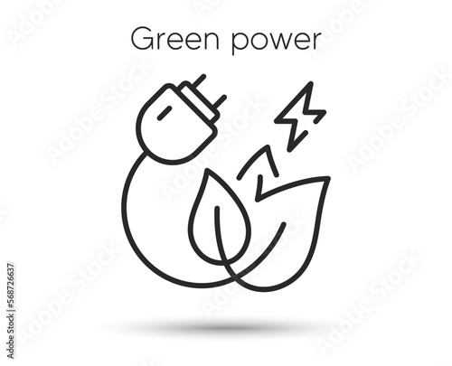 Green eco power plug line icon. Energy efficient plug and leaf sign. Renewable, eco friendly energy symbol. Illustration for web and mobile app. Line style green energy icon. Electric power. Vector