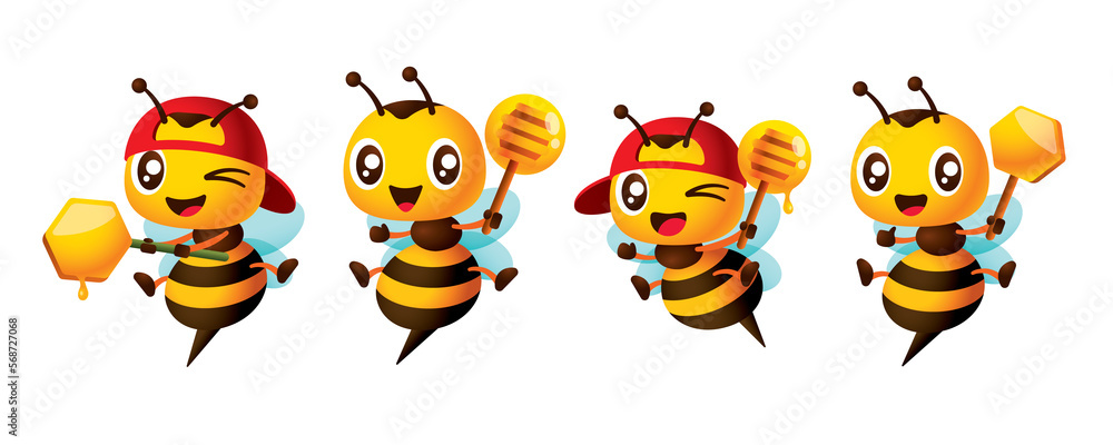 Fototapeta premium Cartoon cute bee holding honey dipper and honeycomb mascot set. Cartoon honey bee wearing red cap character collection illustration 
