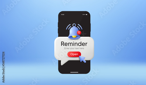 Phone reminder message on screen. New notice on the smartphone. Alert notification bell. Important event push message. Calendar reminder notification speech bubble. Click on the button. Vector